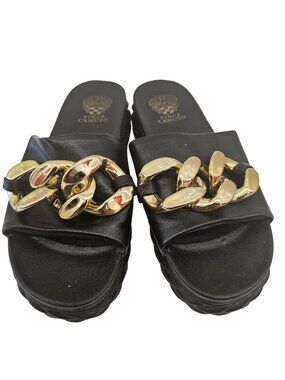 Vince Camuto Black Slides With Gold Chain Detail - Size 10